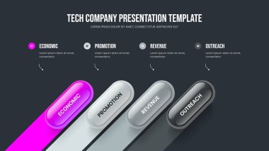 Yatırımcı Öngörüsü Dört Adım Diyagramı Kaydırma Düzeni. Şirket Genel Görünümü 4 Element Bilgi Sunumu Tasarımı. Proje Analizi Çerçeve Şablonu Vektör İllüstrasyonu.