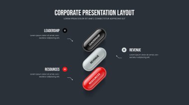 Görsel Çözüm 3 Element Diyagramı Sunum Şablonu. Profesyonel Fırlatma Çerçeve Tasarım Vektörü İllüstrasyonu. Kurumsal Insight Üç Adım Bilgisel Slayt Gösterisi Düzeni.