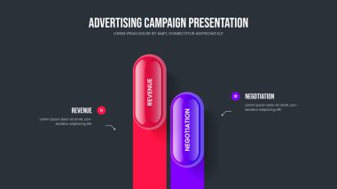 Pazarlama Görselleştirme 2 Element Bilgisel Sunum Düzeni. Şirket Gözden Geçirmesi İki Adım Slayt Şablonu. Girişim Slaytı Tasarım Vektörü İllüstrasyonu.