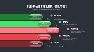Profesyonel Gelişim 5 Element Infographic Slayt Gösterisi Tasarımı. Görsel Plan Beş Seçenek Şablonu. Pazarlama Yeniliği Sunum Düzeni Vektör İllüstrasyonu.