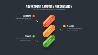 Enterprise Fırlatma Çerçeve Düzeni Vektör İllüstrasyonu. Pazarlama Insight 3 Element Bilgi Slayt Gösterisi Şablonu. Finansal Bakış Üç Adım Diyagram Kaydırma Tasarımı.