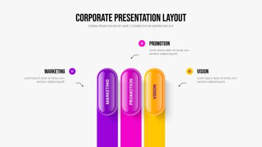 Şirket Performans Üç Seçenek Bilgi Şablonu. Proje Analizi 3 Element Diyagramı Sunum Tasarımı. Servis Önerisi Slayt Gösterisi Düzeni Vektör İllüstrasyonu.