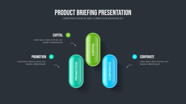 Şirket Genel Görünüm Slayt Gösterisi Şablon İllüstrasyonu. Reklam Fırlatma Üç Element Bilgisel Sunum Düzeni. İş Gösterisi 3 Seçenek Diyagramı Slayt Tasarımı.
