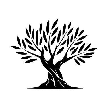 Bükülmüş gövdesi ve kalın tacı olan bir zeytin ağacının vektör silueti. Barışın, gücün ve uzun yaşamın sembolü. Logo, etiket, doğal ürün, eko markalaşma tasarımı için mükemmel..