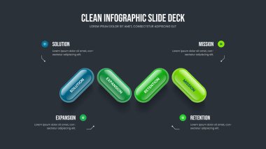 Ürün Tanıtımı 4 Adım Bilgi Kaydırma Şablonu. Yatırımcı İcat Dört Element Diyagram Slayt Gösterisi Tasarımı. Modern Portföy Sunum Düzeni Vektör İllüstrasyonu.