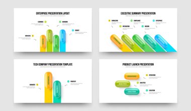 Satış Fırlatma 4-5-2-3 Seçenek Slayt Gösterisi Slayt Gösterisi Vektör Çizimi Paketi. Finansal Profil 4523 Element Bilgi Kaydırma Şablonu Koleksiyonu.