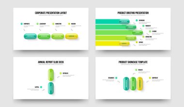 Ürün Kampanyası 4-5-2-3 Element Diyagramı Şablon Vektör Resimleri Paketi. Şirket Büyümesi 4523 Basamaklı Slayt Gösterisi Tasarımı.