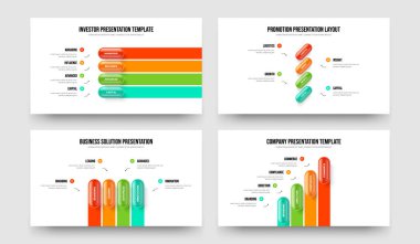 Servis Fırlatma 4 Element Bilgi Slayt Gösterisi Tasarım Paketi. Atılgan 'ın Dört Adım Diyagram Düzenleme Vektör Çizim Koleksiyonu.