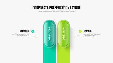 Kurumsal Performans Sunumu Şablon Vektör İllüstrasyonu. Reklam Brifingi İki Seçenekli Diyagram Slayt Tasarımı. Proje Çalıştırma 2 Adım Bilgi Çerçevesi Düzeni.