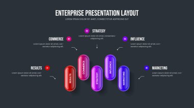 Profesyonel Profil Beş Seçenek Slayt Gösterisi Şablonu. Danışmanlık Raporu 5 Element Diyagramı Kayma Tasarımı. Yaratıcı İçgörü Sunum Düzeni Vektör İllüstrasyonu.