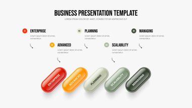 Yaratıcı Gösteri Slayt Gösterisi Tasarım Vektörü İllüstrasyonu. Finansal Giriş 5 Element Diyagramı Sunum Şablonu. İş Kampanyası Beş Seçenek Bilgi Çerçevesi.