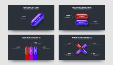 Piyasa İnovasyonu 1234 Seçenek Tanıtım Şablonu Koleksiyonu. Modern İnceleme 1, 2, 3, 4, Element Diyagram Slayt Tasarım Vektörü Çizim Paketi.