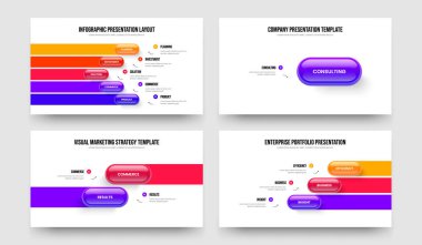 Şirket Kampanyası 5123 Element Bilgi Slayt Gösterisi Yerleşimi. Reklam Performansı Beş Bir İki Üç Seçenek Diyagramı Sunum Şablonu Vektör Çizim Paketi.