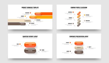 Pazarlama Çözümü 4-5-2-3 Seçenek Slayt Düzeni Vektör İllüstrasyon Koleksiyonu. Yatırımcı Fırlatma 4523 Adım Diyagramı Şablonu Ayarla.