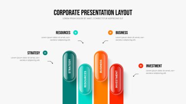 Görselleştirme Dört Adım Bilgi Slayt Gösterisi Tasarımı. Şirket İç Görüş Kaydırma Düzeni Vektör İllüstrasyonu. Ürün Büyümesi 4 Element Diyagramı Şablonu.