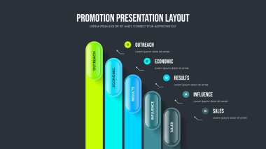 Modern Analiz 5 Opsiyon Infographic Frame Mizanpajı. Atılgan Strateji Slayt Gösterisi Tasarım Vektörü İllüstrasyonu. Piyasa Geliştirme Beş Element Diyagramı Sunum Şablonu.