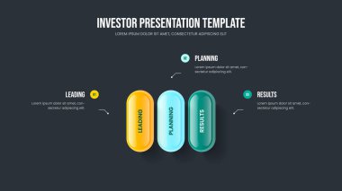 Görsel Tahmin Sunum Şablonu Vektör İllüstrasyonu. Yatırımcı Stratejisi Üç Element Bilgi Kaydırma Tasarımı. Danışmanlık Planı 3 Adım Diyagram Slayt Gösterisi Düzeni.
