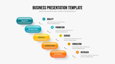 Hizmet Görselleştirme Sunum Şablonu Vektör İllüzyonu. Pazarlama Çözümü 5 Adım Diyagram Kaydırma Tasarımı. Ürün Kampanyası Beş Seçenek Bilgisel Çerçeve Düzeni.