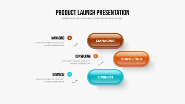 Yaratıcı Fırlatma Üç Seçenek Diyagram Kaydırma Tasarımı. Pazarlama Raporu 3 Adım Bilgisel Sunum Şablonu. Yatırımcı Görselleştirme Slayt Gösterisi Düzeni Vektör İllüstrasyonu.