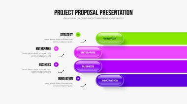 Ürün Tanıtım Sunumu Şablon Vektör İllüstrasyonu. Kurumsal Gelişim Dört Adım Bilgi Kaydırağı Tasarımı. Danışmanlık Büyüme 4 Element Diyagramı Düzenleme.