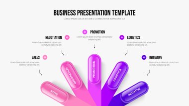 İş Çözümü Kaydırma Düzeni Vektör İllüstrasyonu. Ürün Portföyü 5 Adım Diyagram Sunum Tasarımı. Danışma Analizi Beş Element Bilgisel Slayt Gösterisi Şablonu.