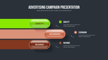 Profesyonel Plan Çerçeve Düzeni Vektör İllüstrasyonu. Üç Element Bilgi Kaydırma Şablonu Danışmanlığı. Pazarlama Genel Görünümü 3 Adım Diyagram Slayt Gösterisi Tasarımı.