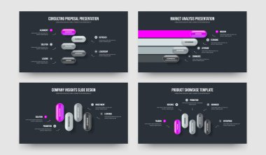 Ürün Çözümü 54 Seçenek Diyagramı Sunum Düzeni Paketi. Pazarlama Görselleştirme Beş Dört Adım Bildirimli Slayt Tasarım Vektörü Çizimi.