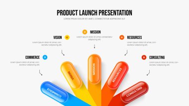 Şirket Brifingi 5 Adım Diyagram Slayt Şablonu. Ürün Planı Slayt Tasarım Vektörü İllüstrasyonu. Dijital Kampanya Beş Seçenek Bilgisel Sunum Düzeni.