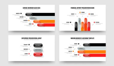 Pazar İnovasyonu 453 Seçenek Slayt Gösterisi Tasarım Seti. Yatırımcı Raporu Dört Beş Üç Adım Diyagramı Kaydırma Düzeni Vektör Resimleri Koleksiyonu.