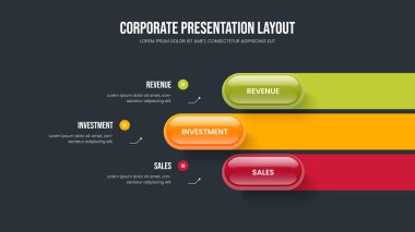 Danışmanlık Teklifi 3 Seçenek Diyagram Kaydırma Şablonu. Pazar Büyümesi Sunumu Tasarım Vektörü İllüstrasyonu. Finansal Gelişim Üç Element Bilgisel Slayt Gösterisi Düzeni.