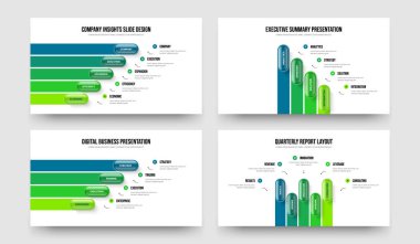 Kurumsal Çözüm 5-4 Seçenek Diyagram Kaydırma Düzeni Koleksiyonu. Servis Gözden Geçirmesi Beş Dört Adım Slayt Gösterisi Tasarım Vektörü Çizimi.