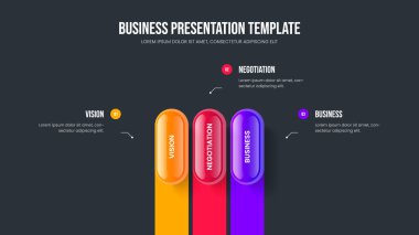 Görsel Brifing Üç Element Diyagram Slayt Şablonu. Hizmet Büyüme Kaydırağı Tasarım Vektörü İllüstrasyonu. Ürün Çözümü 3 Seçenek Bilgisel Çerçeve Düzeni.