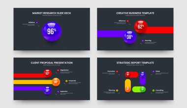 Yatırımcı Planı 1234 Adım Slayt Gösterisi Yerleşimi Koleksiyonu. Yaratıcı Strateji 1-2-3-4 Seçenek Çerçeve Şablonu Vektör İllüstrasyon Paketi.