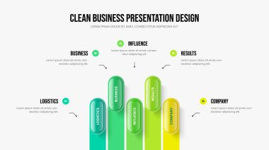 Şirket Analizi Slayt Tasarım Vektörü İllüstrasyonu. Yatırımcı Performansı 5 Seçenek Slayt Gösterisi Şablonu. Hizmet Raporu Beş Adım Bilgi Çerçevesi.