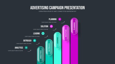 Satış Fırlatma Beş Seçenek Diyagramı Sunum Şablonu. Görsel Tanıtım Kaydırak Tasarım Vektörü İllüstrasyonu. Şirket Planı 5 Adım Bilgisel Çerçeve Düzeni.