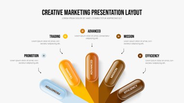 Görselleştirme 5 Element Diyagram Şablonu Danışmanlık. Yaratıcı Çözüm Beş Seçenek Slayt Gösterisi Düzeni. Yatırımcı Açılış Slaytı Tasarım Vektörü İllüstrasyonu.