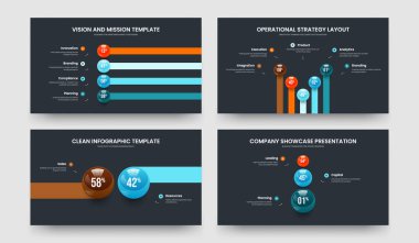 Bilim Kampanyası 4523 Seçenek Diyagramı Sunum Yerleşimi Koleksiyonu. Renkli Strateji 4-5-2-3 Element Grafik Slayt Gösterisi Tasarım Vektörü Çizimi.