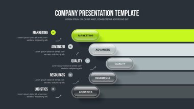 Pazar Analizi Slayt Gösterisi Vektör Çizimi. İş Büyüme Beş Basamaklı Diyagram Şablonu. Ürün Gösterimi 5 Seçenek Bilgisel Slayt Tasarımı.