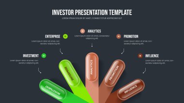 Yatırımcı 5 Element Infographic Slayt Düzeni. Modern Slayt Gösterisi Tasarım Vektörü İllüstrasyonu. Pazarlama Performans Beş Seçenek Diyagramı Sunum Şablonu.
