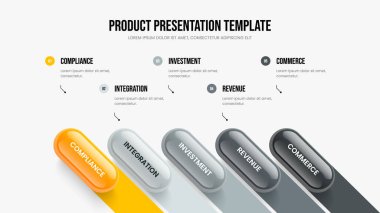 Kurumsal Brifing Beş Seçenek Diyagramı Sunum Düzeni. Şirket Performansı 5 Element Bilgi Şablonu. Pazar Büyümesi Slayt Gösterisi Tasarım Vektörü İllüstrasyonu.