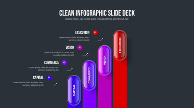 Yaratıcı Kampanya 4 Adım Diyagram Sunum Şablonu. Finansal Insight Dört Element Bilgi Kaydırma Düzeni. Piyasa Portföyü Çerçeve Tasarım Vektörü İllüstrasyonu.
