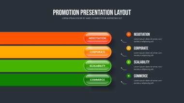 Dijital Fırlatma 4 Element Bilgi Şablonu. Kurumsal İnceleme Slayt Gösterisi Tasarım Vektörü İllüstrasyonu. Modern Geliştirme Dört Seçenek Diyagramı Sunum Düzeni.