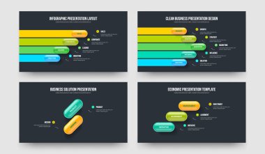 Ürün Görselleştirme 4523 Element Bilgi Kaydırma Şablonu Koleksiyonu. Finansal İçgörü 4-5-2-3 Seçenek Diyagramı Sunum Tasarım Vektörü İllüstrasyonu.