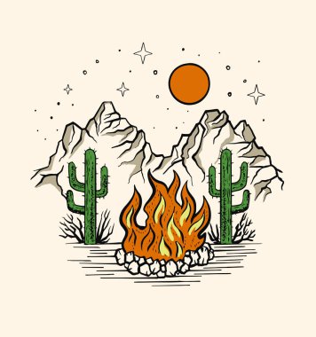 Çöl manzarası. dağlar, kaktüs bitkileri, güneş ve cam ateşi 
