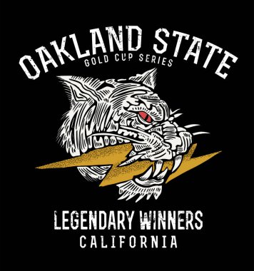 Oakland state, California, tiger logo with Thunder Arrow in mouth. art on black background