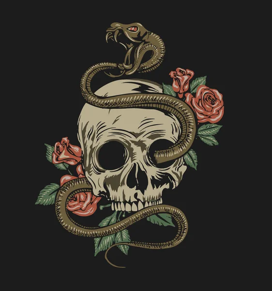 Snake Skull Flowers Rock Roll Style — Stock Vector