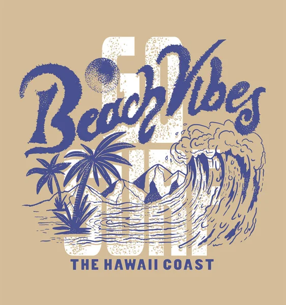 Plážové Vibrace Letní Plakát Palmami Vlnami Horami Koncept Surfování — Stockový vektor