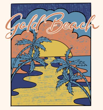 Altın plaj. Tişört izi, poster, çıkartma, arka plan ve diğer kullanım alanları için palmiye ağaçları ada baskısı tasarımı. Plaj titreşimleri sörf tahtası klasik baskı tasarımı.