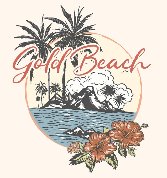 Palme Spiaggia Scena Con Ibisco Fiori Vettore Illustrazione Slogan Stampa Grafiche Vettoriali