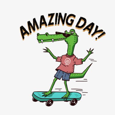 İnanılmaz bir gün! Kaykaylı timsah çizimi. Tee baskısı için çizilmiş şirin timsah vektörü.